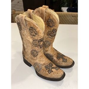 Corral Boots R2375 Antique Saddle Tan Cross‎ Roses Square Toe Western Women 8M